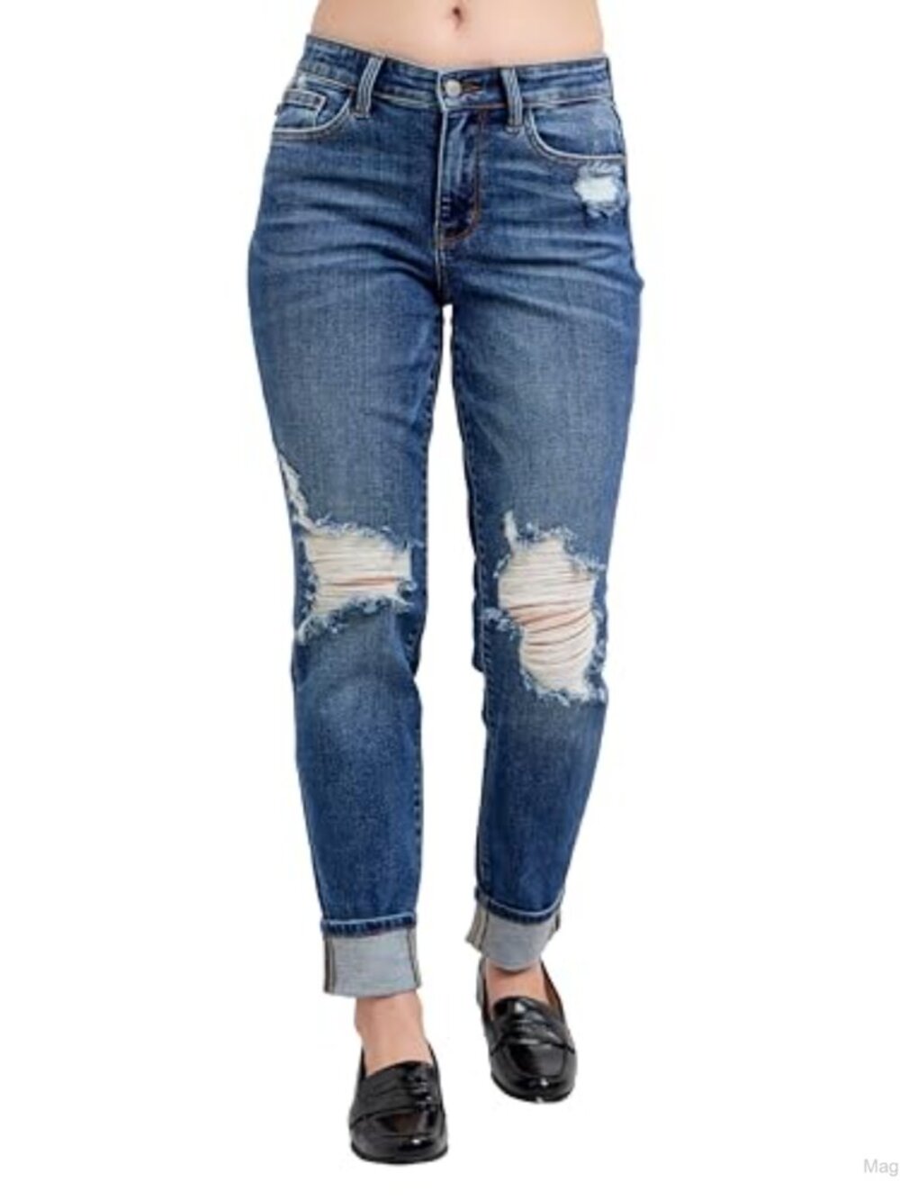 Mid Rise Boyfriend Jeans Destroy Cell Phone Pocket Faux Selvedge